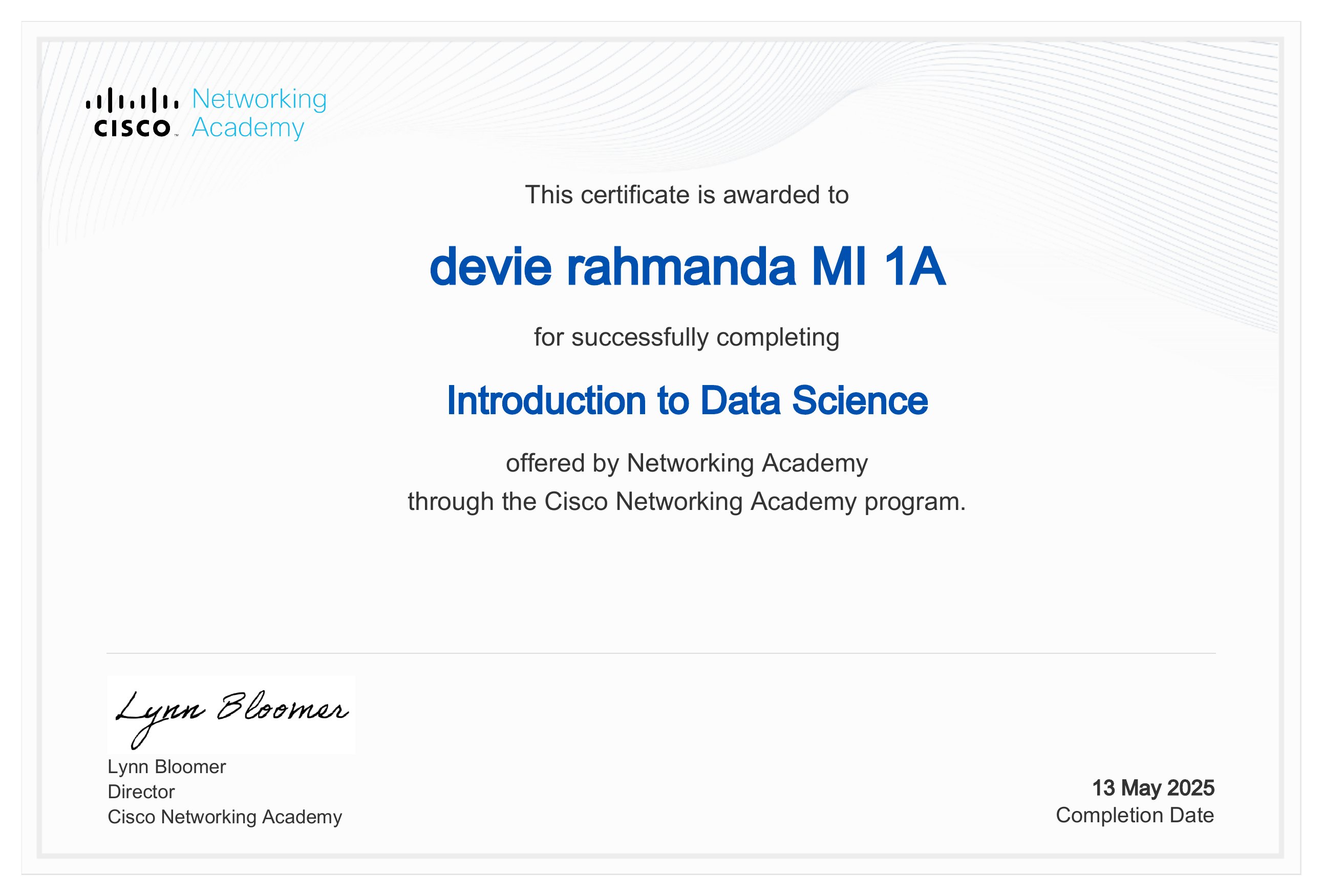 Sertifikat Introduction to Data Science — Cisco Networking Academy
