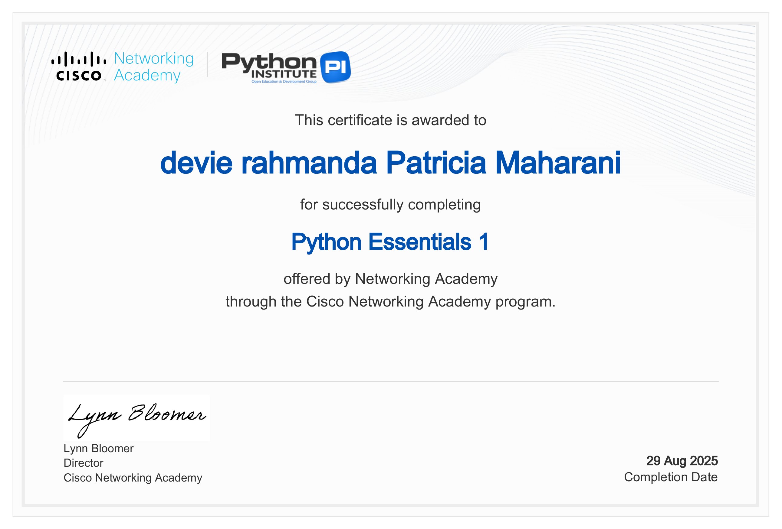 Sertifikat Python Essentials 1 — Cisco Networking Academy x Python Institute