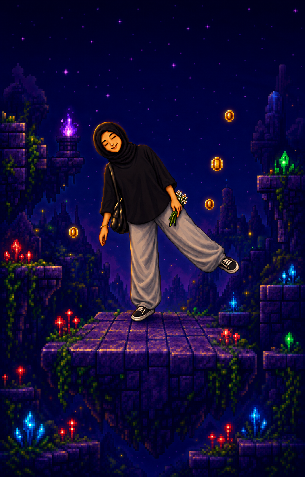 Ilustrasi pixel Devie bergaya miring dengan seluruh badan terlihat