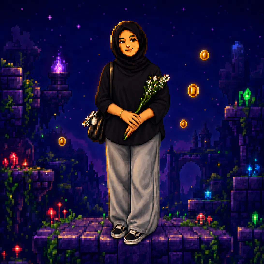 Ilustrasi pixel Devie berdiri memegang bunga